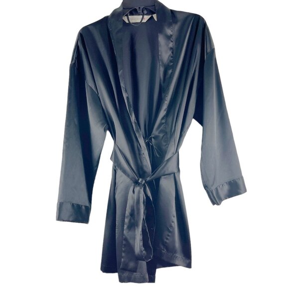 Vintage Victoria’s Secret Black Satin Belted Kimono Robe One Size Tiny Flaws - Picture 1 of 16